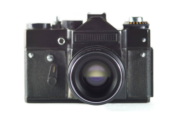 istock Retro vintage film camera on white background 1028740362