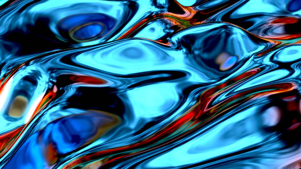 abstrakte flüssige hintergrund, holografische oberfläche, reflexion, spektrum - rippled water three dimensional shape rendered stock-fotos und bilder