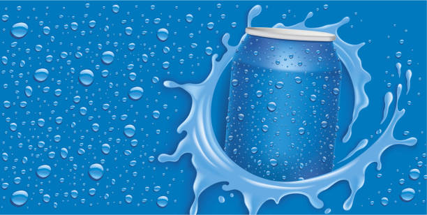istock blue background and Water splash with many water drops and tin can 1028745770