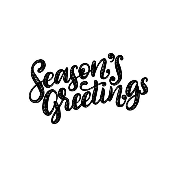 seasons greetings hand schriftzug auf rotem grund. vektor-illustration von weihnachten. happy holidays-grußkarte, poster. - sms stock-grafiken, -clipart, -cartoons und -symbole