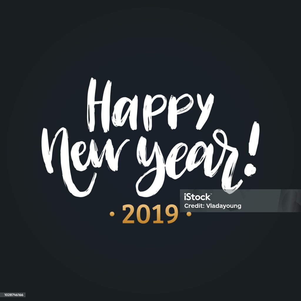 Happy New Year, hand lettering. Vector illustration. Decorative design on black background for greeting card, poster. Happy New Year, hand lettering. Vector illustration. Decorative design on black background for greeting card, poster concept. New Year's Eve stock vector