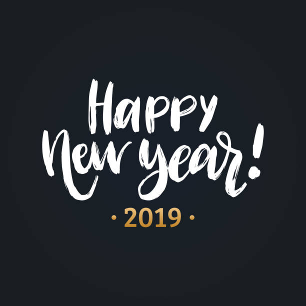 Happy New Year, hand lettering. Vector illustration. Decorative design on black background for greeting card, poster. Happy New Year, hand lettering. Vector illustration. Decorative design on black background for greeting card, poster concept. new year's eve 2019 stock illustrations