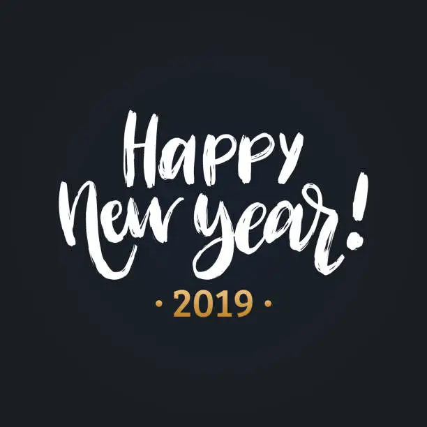 Vector illustration of Happy New Year, hand lettering. Vector illustration. Decorative design on black background for greeting card, poster.