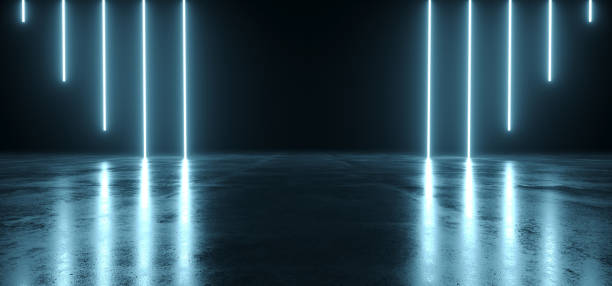 istock Futuristic Sci Fi Dark Empty Room With Blue Neon Glowing Line Tubes On Grunge Concrete Floor With Reflections 3D Rendering 1028755014