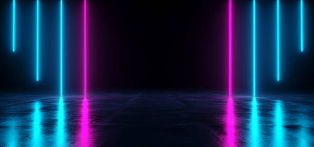istock Futuristic Sci Fi Dark Empty Room With Blue And Purple Neon Glowing Line Tubes On Grunge Concrete Floor With Reflections 3D Rendering 1028757064