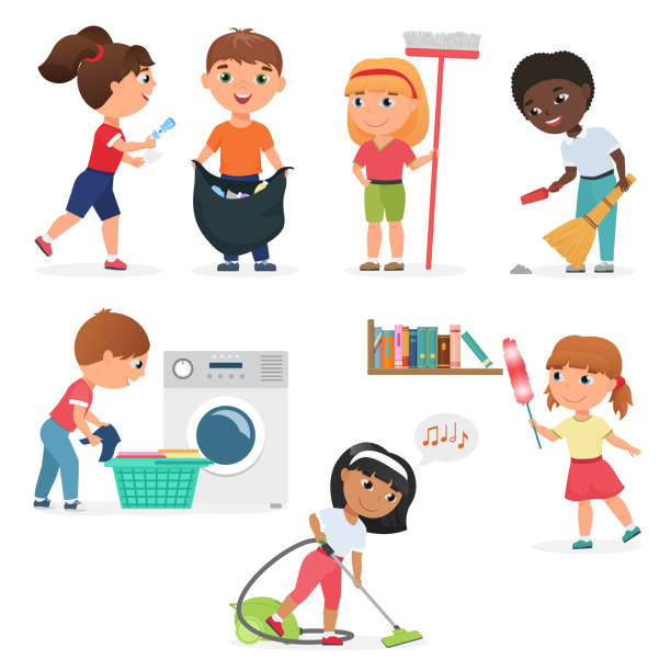 ilustraciones, imágenes clip art, dibujos animados e iconos de stock de los niños de dibujos animados vector de limpieza en casa sistema. niños en varias posiciones de limpieza. - chores