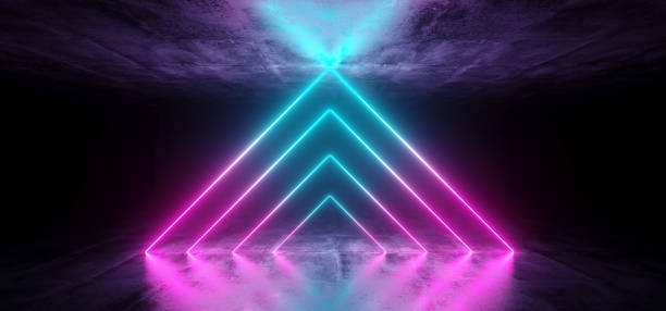 istock Futuristic Sci Fi Dark Empty Room With Blue And Purple Triangle Shaped Neon Glowing Line Tubes On Grunge Concrete Floor With Reflections 3D Rnedering 1028757482