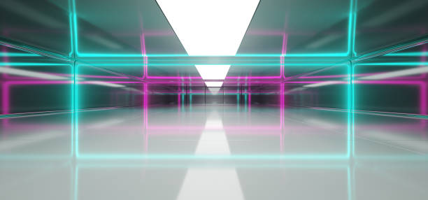 istock Futuristic Sci Fi Empty Room With Blue And Purple Neon Glowing Line Tubes On Highly Reflective Walls And  Floor 3D Technology Concept Rendering 1028757506