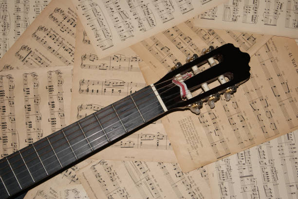 istock Guitar neck on sheet music 1028757882
