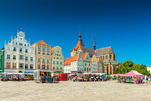 Rostock - July 2018, Germany: View of the central square in the city of Rostock
