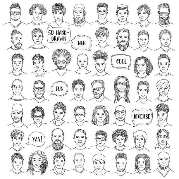Set of fifty hand drawn male faces Set of fifty hand drawn male faces, diverse portraits of men of different ethnicities,  black and white ink illustration portrait drawings stock illustrations