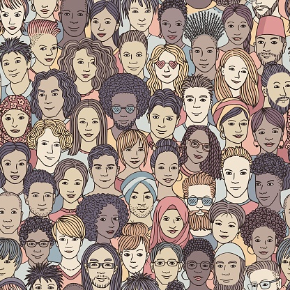 Diverse crowd of people - seamless pattern of hand drawn faces, multi ethnic group