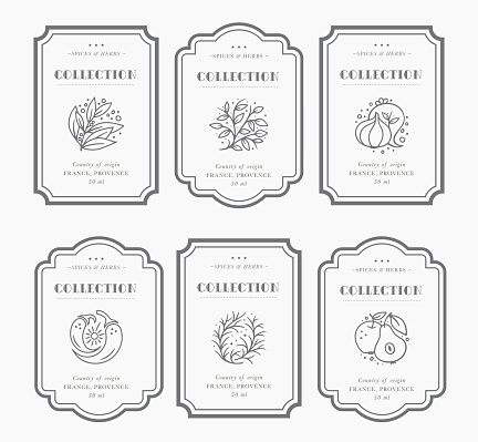 Customizable black and white Pantry label collection. Vintage packaging design templates for Herbs and Spices, dried fruit, vegetables, nuts etc