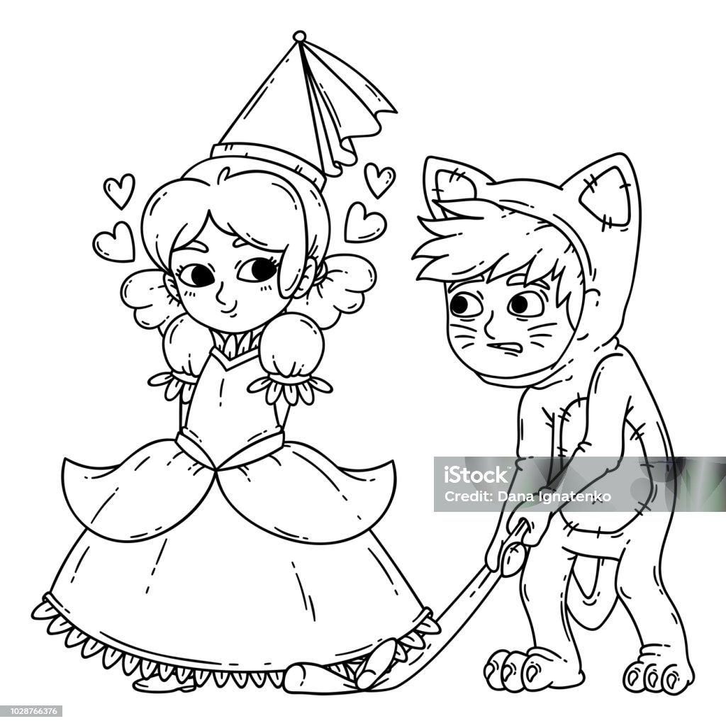 Boy and girl in halloween costumes princess and cat. Girl flirting with boy. Vector illustration isolated on white background. Coloring page for children. Boy and girl in halloween costumes princess and cat. Art stock vector