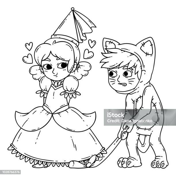 Boy And Girl In Halloween Costumes Princess And Cat Girl Flirting With Boy Vector Illustration Isolated On White Background Coloring Page For Children Stock Illustration - Download Image Now