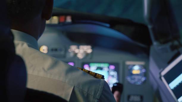 istock Captain is controls the airplane, rear view. 1028772586