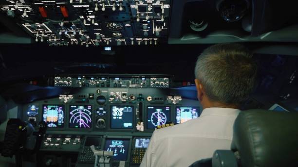 Captain is controls the airplane, rear view. stock photo