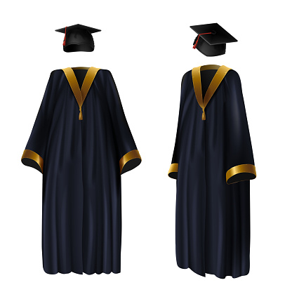 Graduation clothing, gown and cap vector realistic illustration. Traditional suit of school, college and university graduates with golden ribbon decoration, front and side view, isolated on white