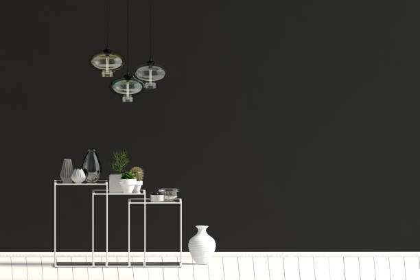 istock Modern interior with racking, decor and lamps. Wall mock up. 3D illustration 1028775100