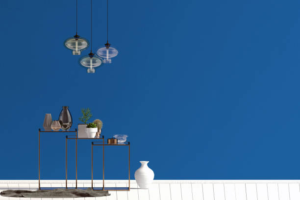 istock Modern interior with racking, decor and lamps. Wall mock up. 3D illustration 1028775392