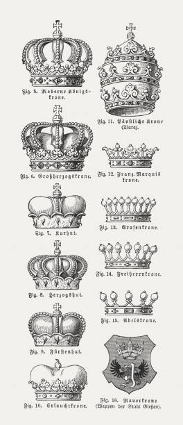 Different forms of crowns, wood engravings, published in 1897 Different forms of crowns: 5) Royal crown; 6) Grand Duke crown; 7) Elector crown; 8) Duke crown; 9) Prince crown; 10) August crown; 11) Tiara; 12) French marquis crown; 13) Earl crown; 14) Baron crown; 15) Noble crown; 16) Wall crown (Coat of arms of the city Giessen, Germany). Wood engravings, published in 1897. coat of arms illustrations stock illustrations