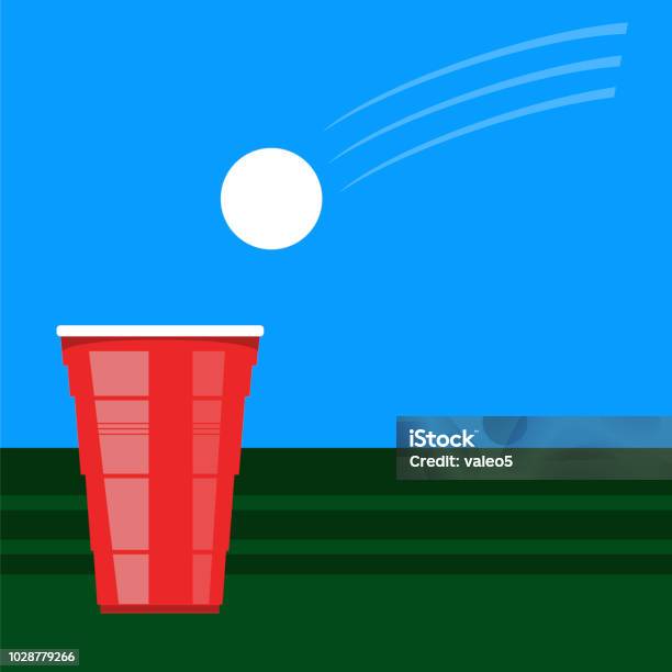 Beer Pong Tournament Red Plastic Cup And White Tennis Ball On Green Table Fun Game For Party Stock Illustration - Download Image Now