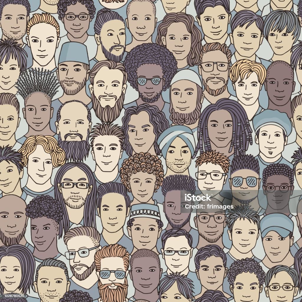 Hand drawn seamless pattern of a diverse crowd of men Men - hand drawn seamless pattern of a crowd of different men from diverse ethnic backgrounds Men stock vector