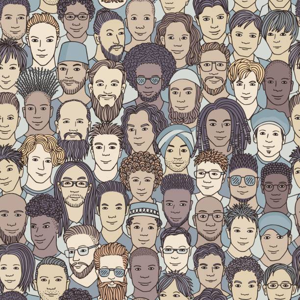 Hand drawn seamless pattern of a diverse crowd of men Men - hand drawn seamless pattern of a crowd of different men from diverse ethnic backgrounds crowd of people backgrounds stock illustrations