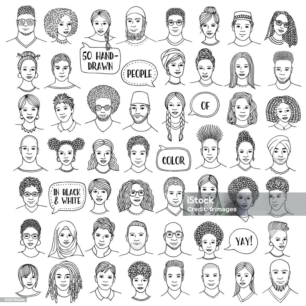 Set of fifty hand drawn diverse faces, people of color Set of fifty hand drawn female faces, diverse portraits of women of different ethnicities, black and white ink illustration Human Face stock vector