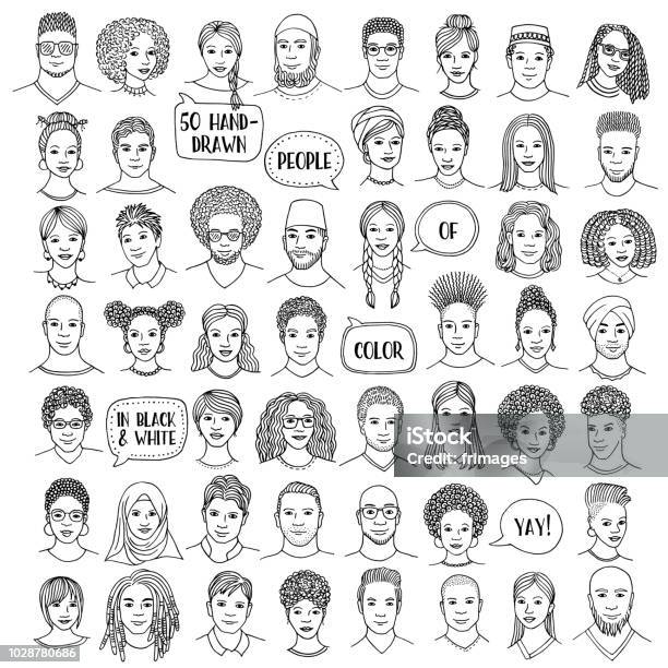 Set Of Fifty Hand Drawn Diverse Faces People Of Color Stock Illustration - Download Image Now