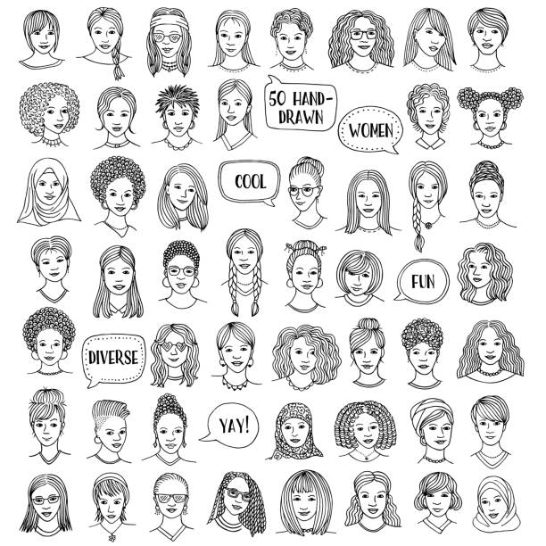 Set of fifty hand drawn female faces Set of fifty hand drawn female faces, diverse portraits of women of different ethnicities, black and white ink illustration portrait drawings stock illustrations