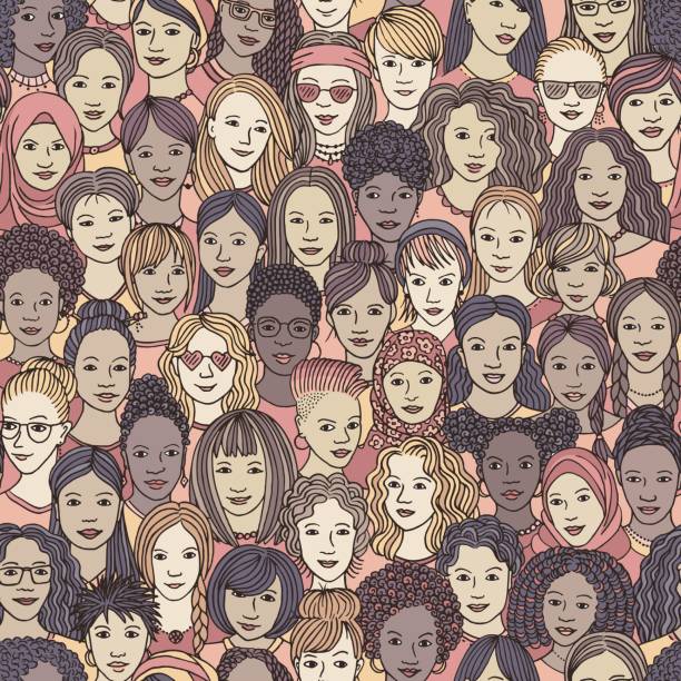 ilustraciones, imágenes clip art, dibujos animados e iconos de stock de mano dibujada de patrones sin fisuras de mujeres diversas - femininity pattern female backgrounds