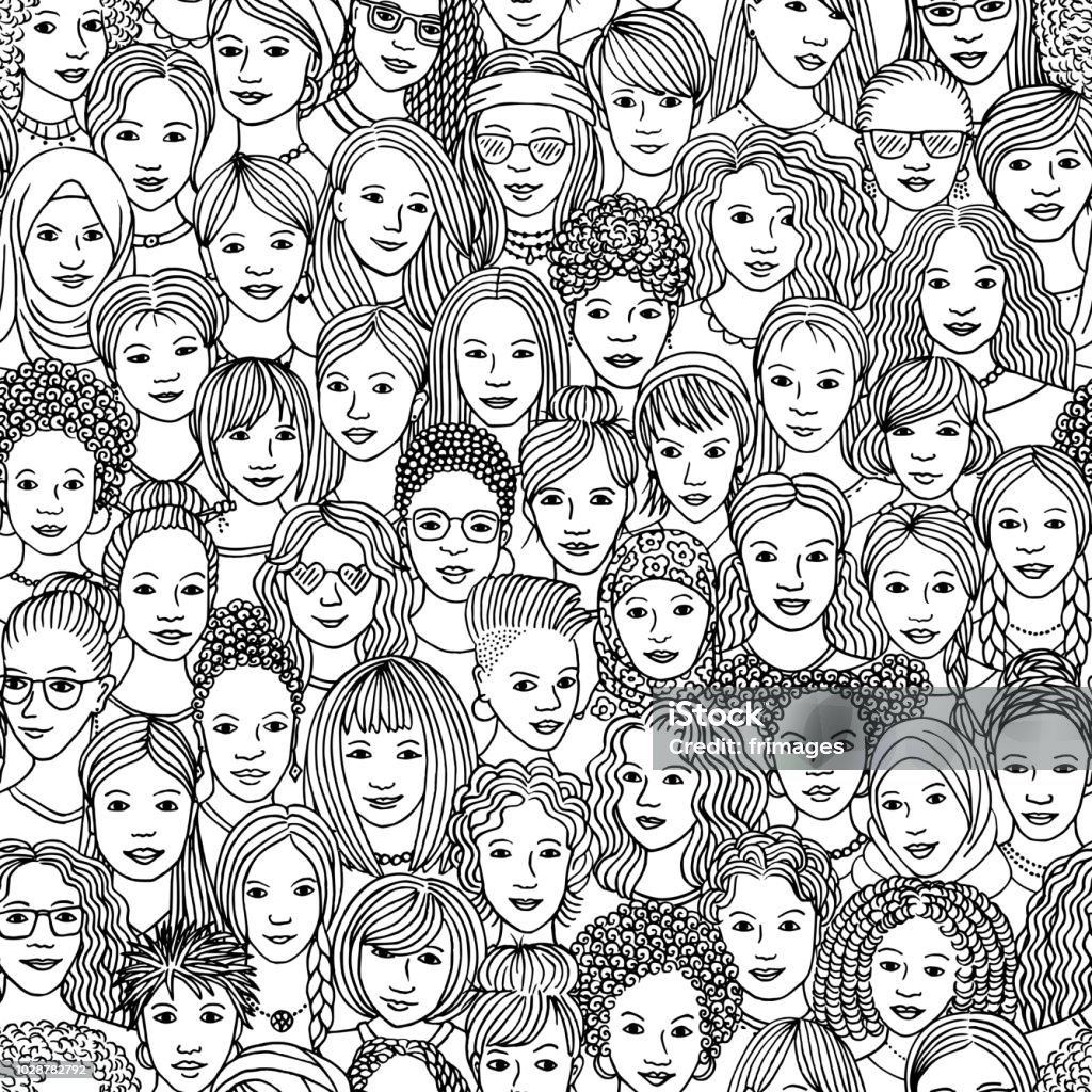 Hand drawn seamless pattern of diverse women Women - hand drawn seamless pattern of a crowd of different women from diverse ethnic backgrounds in black and white Women stock vector
