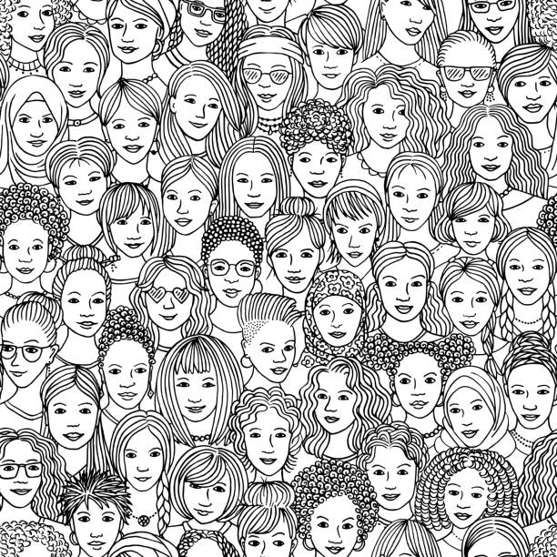 Hand drawn seamless pattern of diverse women Women - hand drawn seamless pattern of a crowd of different women from diverse ethnic backgrounds in black and white black and white woman stock illustrations