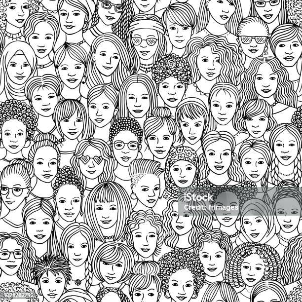 Hand Drawn Seamless Pattern Of Diverse Women Stock Illustration - Download Image Now - Women, Only Women, Pattern