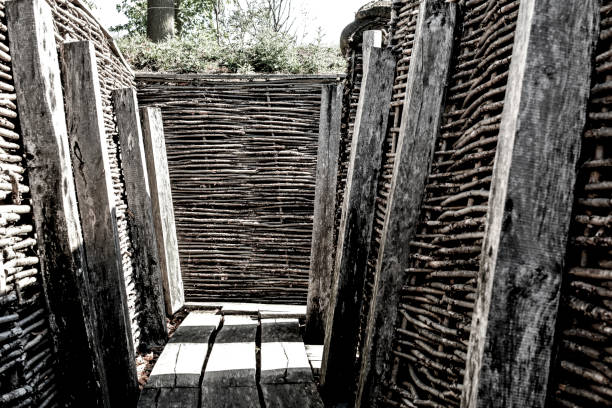 WWI trench at Memorial Museum Passchendaele 1917 11th August 2018, Memorial Museum Passchendaele 1917: Restored trench as it was during world war one. Ypres, Belgium passchendaele stock pictures, royalty-free photos & images