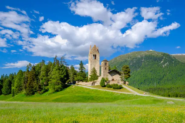 Celerina, 15th century San Gian church with its ruined bell tower (Graubünden, Switzerland)