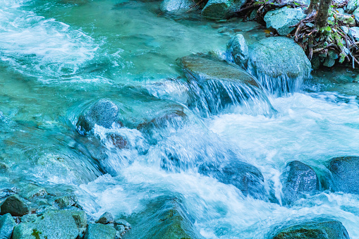 Stream in Mount, river bank, mossy stones, flowing water