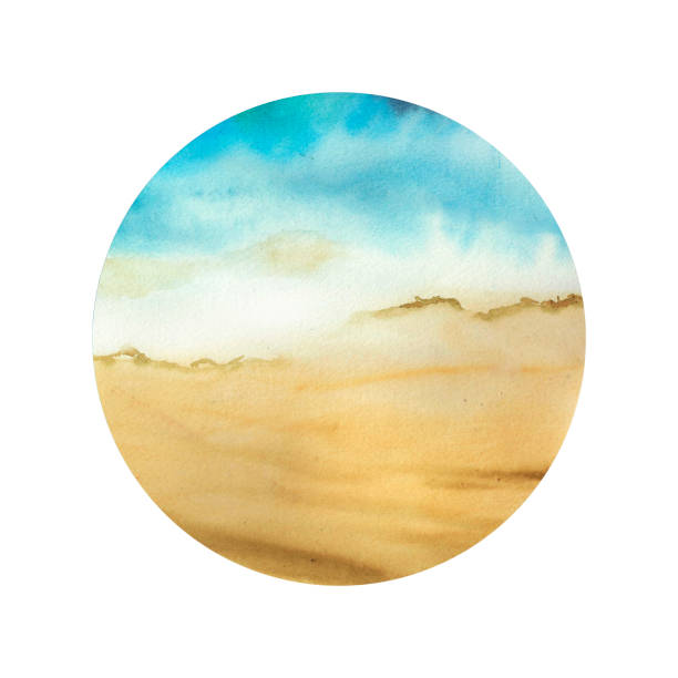 Round abstract watercolor gradient Sea and sand. The color splashing in the paper. It is a hand drawn. Isolated print for clothes. Watercolor designer element. Background with texture of beach