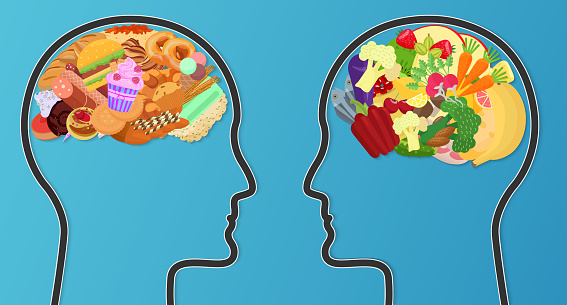 Unhealthy junk food and healthy diet comparison. Food brain modern concept