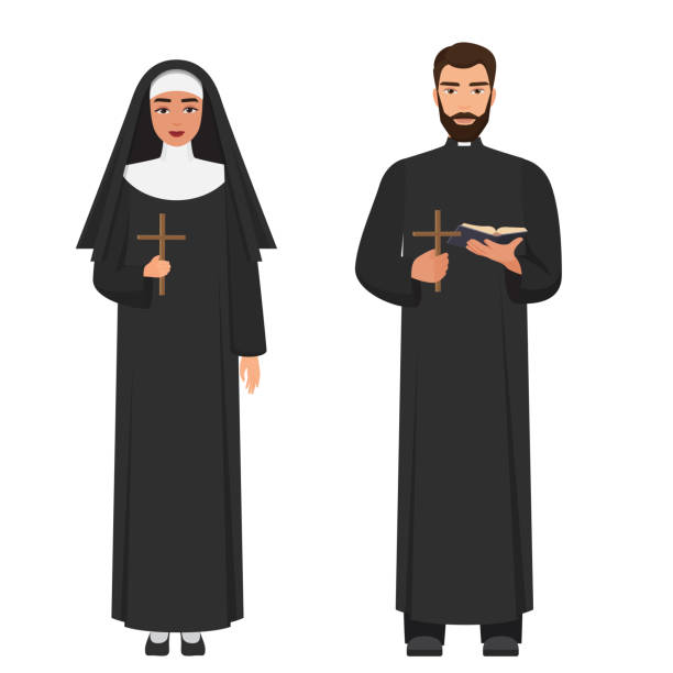 ilustraciones, imágenes clip art, dibujos animados e iconos de stock de sacerdote católico de vector y monja sostiene cruz cruz. - nun praying clergy women