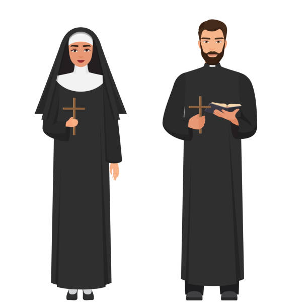 Vector Catholic priest and nun holding cross rood. Vector Catholic priest and nun holding cross rood. Flat cartoon vector illustration. nun catholicism sister praying stock illustrations