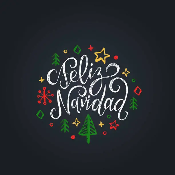 Vector illustration of Feliz Navidad translated from Spanish Merry Christmas lettering on black background.Happy Holidays greeting card, poster