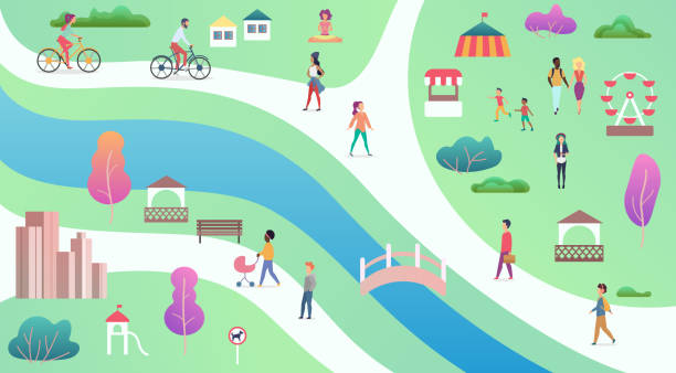 ilustrações de stock, clip art, desenhos animados e ícones de top view of city public park with river, bridge and walking people vector illustrastion. - road top view