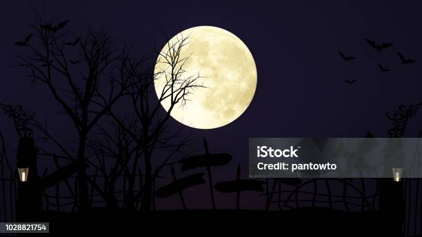 Halloween Decoration Set Artwork And Full Moon On Dark Night Background Full Moon And Tomb Background 3d Illustration Stock Photo - Download Image Now