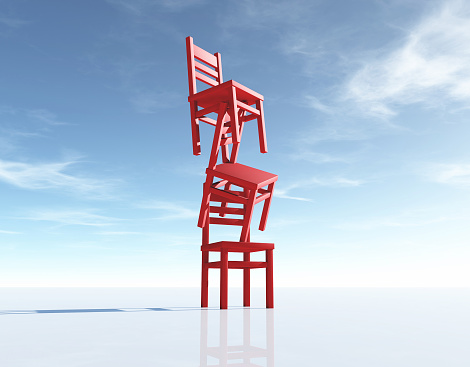 Three chairs in equilibrium on blue background. This is a 3d render illustration