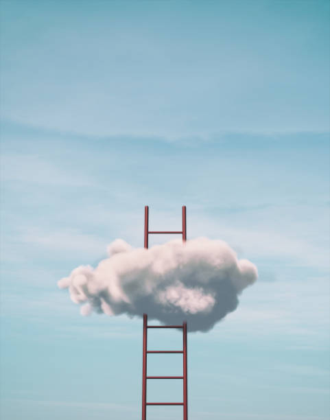 Stairway to heaven - ladder on clouds with blue sky background.. This is a 3d render illustration