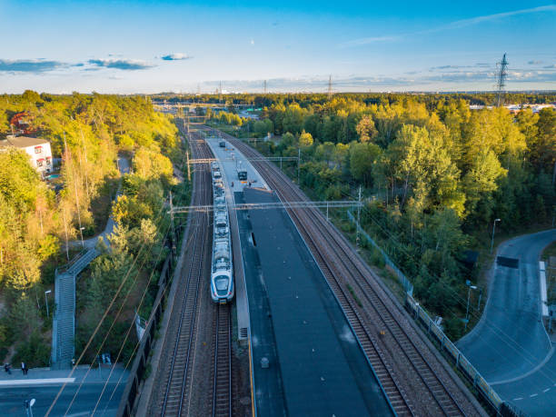 istock Sunset over railway station, drone point of view 1028827834