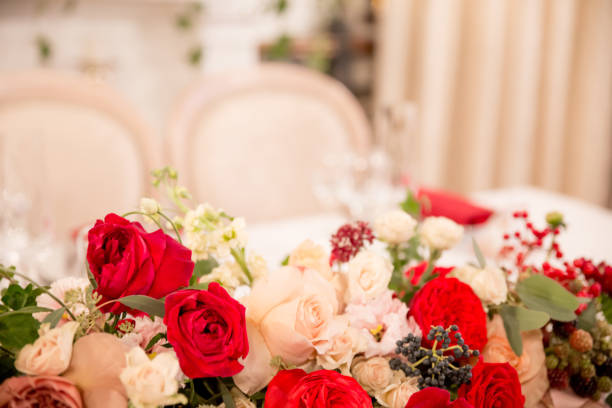 istock table decor for wedding ceremony, table setting, flowers, red and white decor 1028830452