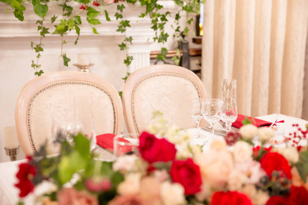 istock table decor for wedding ceremony, table setting, flowers, red and white decor 1028830464